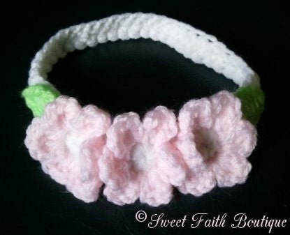 Ready to Ship Size 0-3 months crocheted white headband pink flowers baby girl
