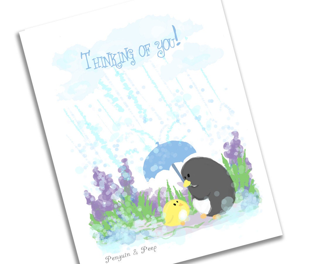 Set of 6 Thinking of You Cards- (Penguin & Peep) april showers