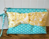 Ready to Ship....Bow Detail Wristlet Teal and Yellow Ready to Ship LAST ONE