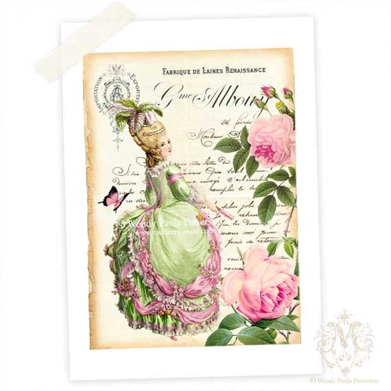 Marie Antoinette, Art Print, Giclee, French Vintage Receipt, Pink Roses, Shabby Chic style, Pastels