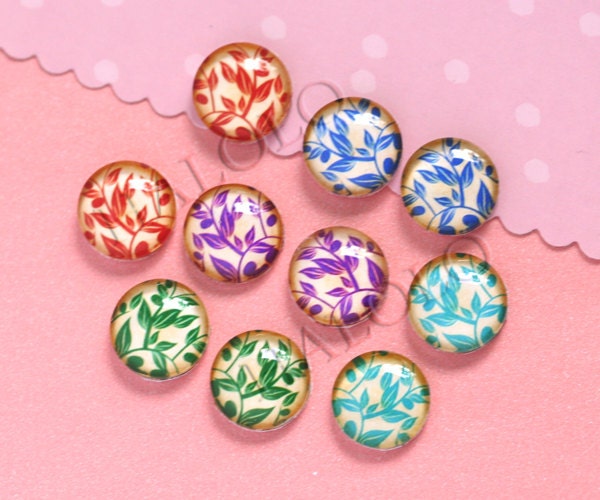 10pcs handmade assorted leaves round clear glass dome cabochons 12mm (12-0637)