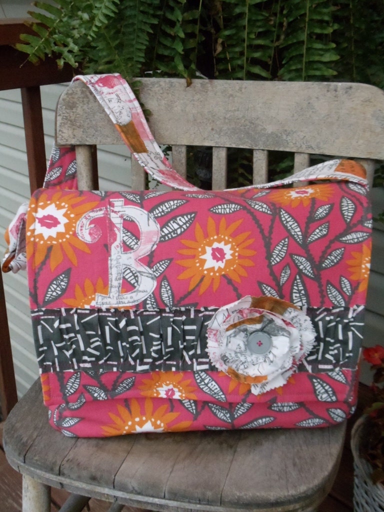 Girls or Womens MESSENGER  style cross body tote bag in modern shabby pink and grey floral and newsprint fabrics