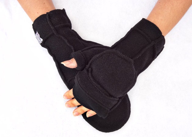 Black Convertible Mittens, Xmittens Fingerless Gloves, Recycled Fleece, size LARGE