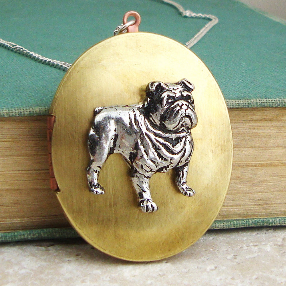 Bulldog Locket Necklace. Antiqued Silver Pewter and Vintage Brass Locket Necklace