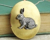 Rabbit Locket Necklace. Antiqued Silver Pewter and Vintage Brass Locket Necklace