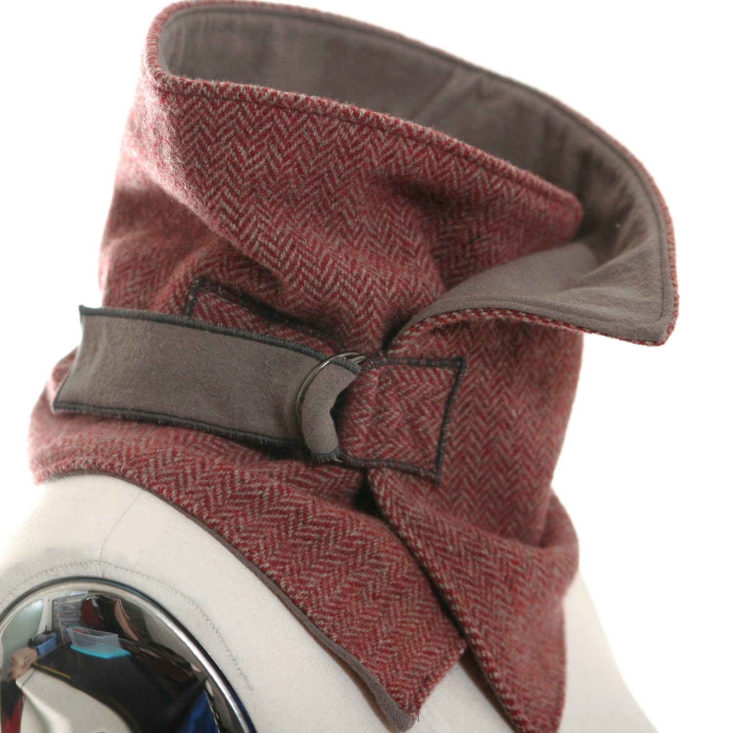Red and Grey Herringbone Wool Unisex Neck Warmer Cowl