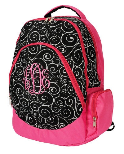 Monogrammed Backpack Swirl Black Pink School Bookbag