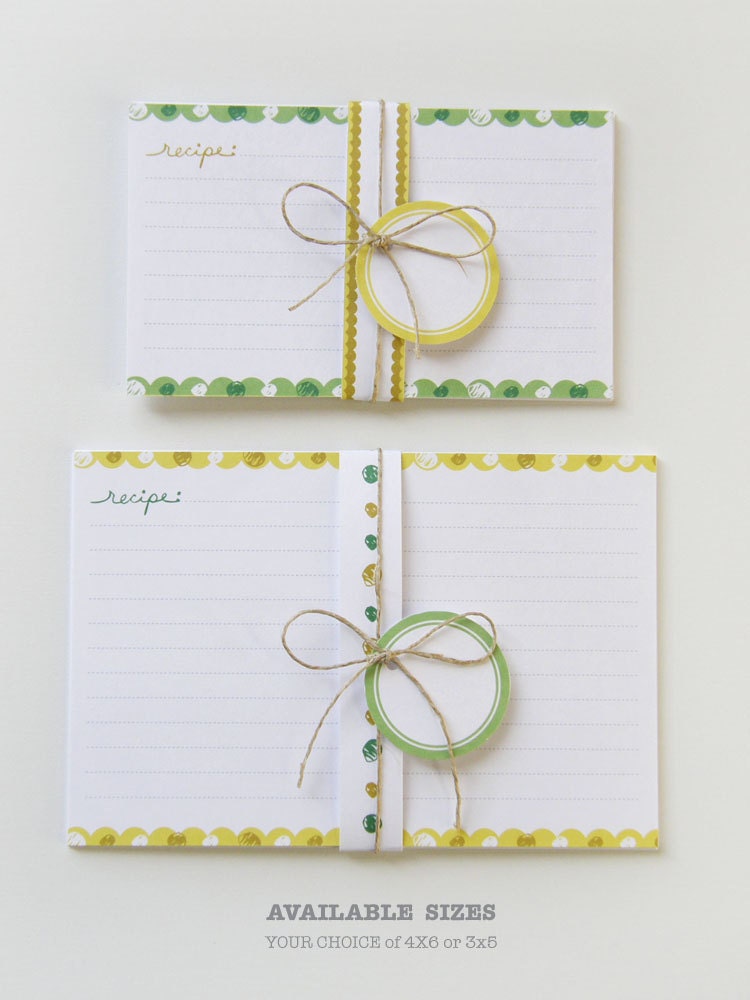 Printable and Editable Recipe Cards and Matching Gift Tags (PDF 4x6 or 3x5 double sided) - YELLOW and GREEN Dots