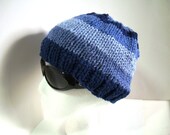 Soft and Cozy Hand Knit Hat in Wide Stripes of Blue Yarn - Buy as a Gift or For Yourself