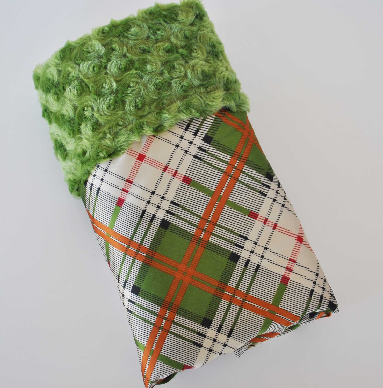QUINCEY BABY BLANKET Collection..Green minky with green Plaid satin print  ...Soft and comforting fabrics make a great baby shower gift