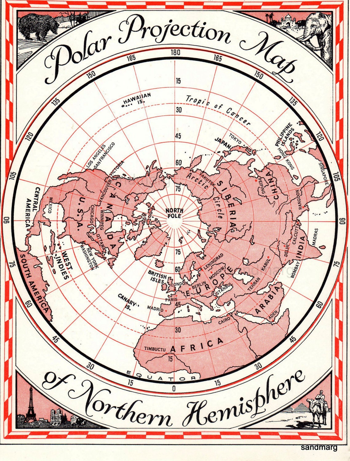 Vintage Polar Projection Map of the Northern  Hemisphere North Pole Europe Canada USA Africa
