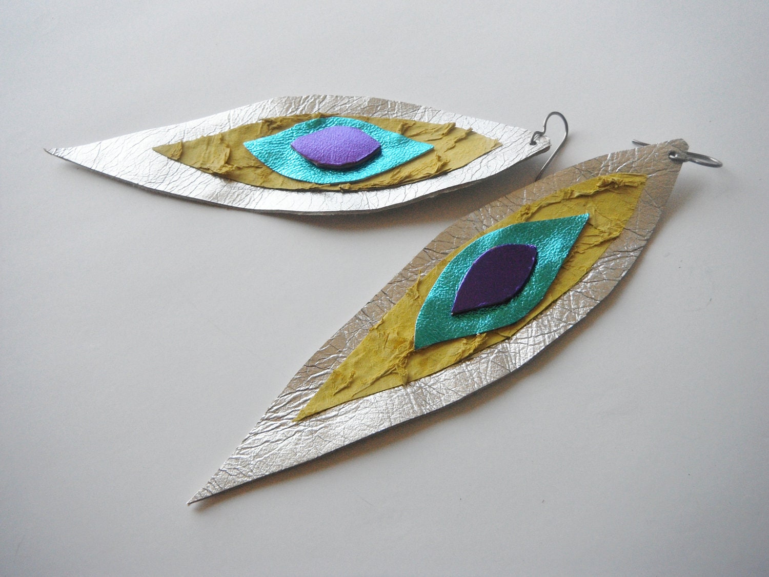 Space Peacock -Metallic Fish Leather Earrings