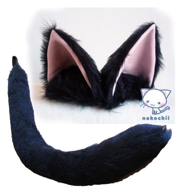 Cosplay cat ears ( Nekomimi ) Black with pink inner w/ matching tail or choose your own colours.