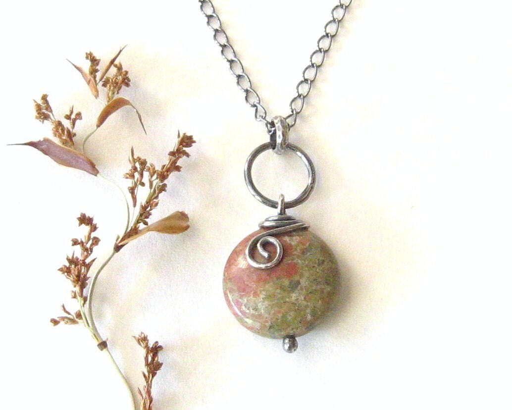 unakite and silver pendant necklace, rustic green and pink pendant necklace