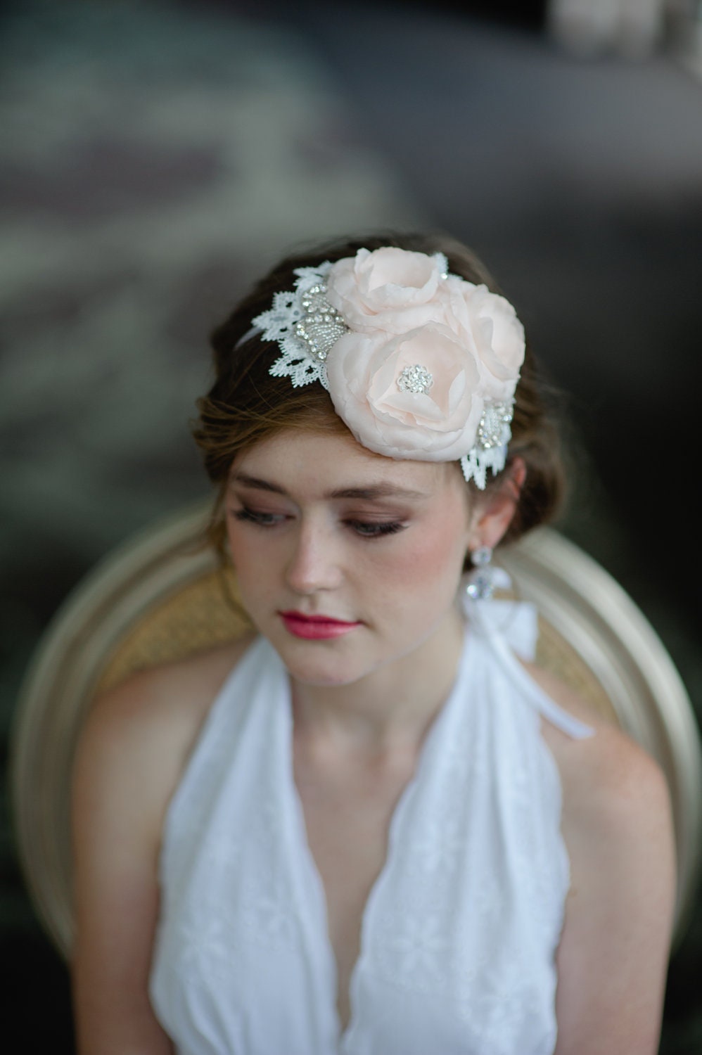 Handmade Silk Habotai Bridal Mini Hat by Fine & Fleurie in Pale Peachy Pink