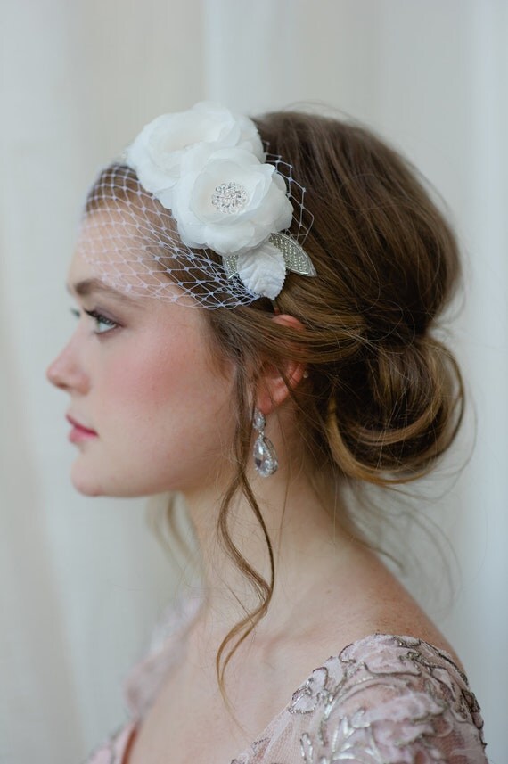 Bridal Hairband with Mini Veil in Light Ivory by FIne & Fleurie