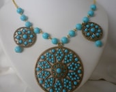 Turquoise and Gold Pendant Statement Necklace and Earrings