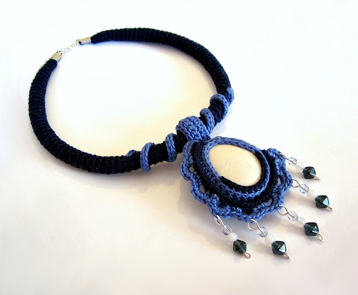 ABYSS Vintage Retro Steampunk Victorian necklace, Sea stone, Cotton yarn Blue Mid blue Azure Light blue