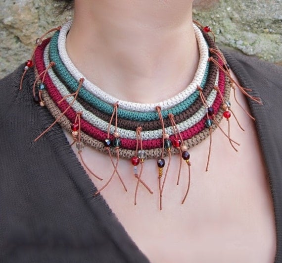 SATINKA Ethnic Tribal Country Collar Necklace Cotton yarn Crochet Beads Crystals Wooden Button Native American