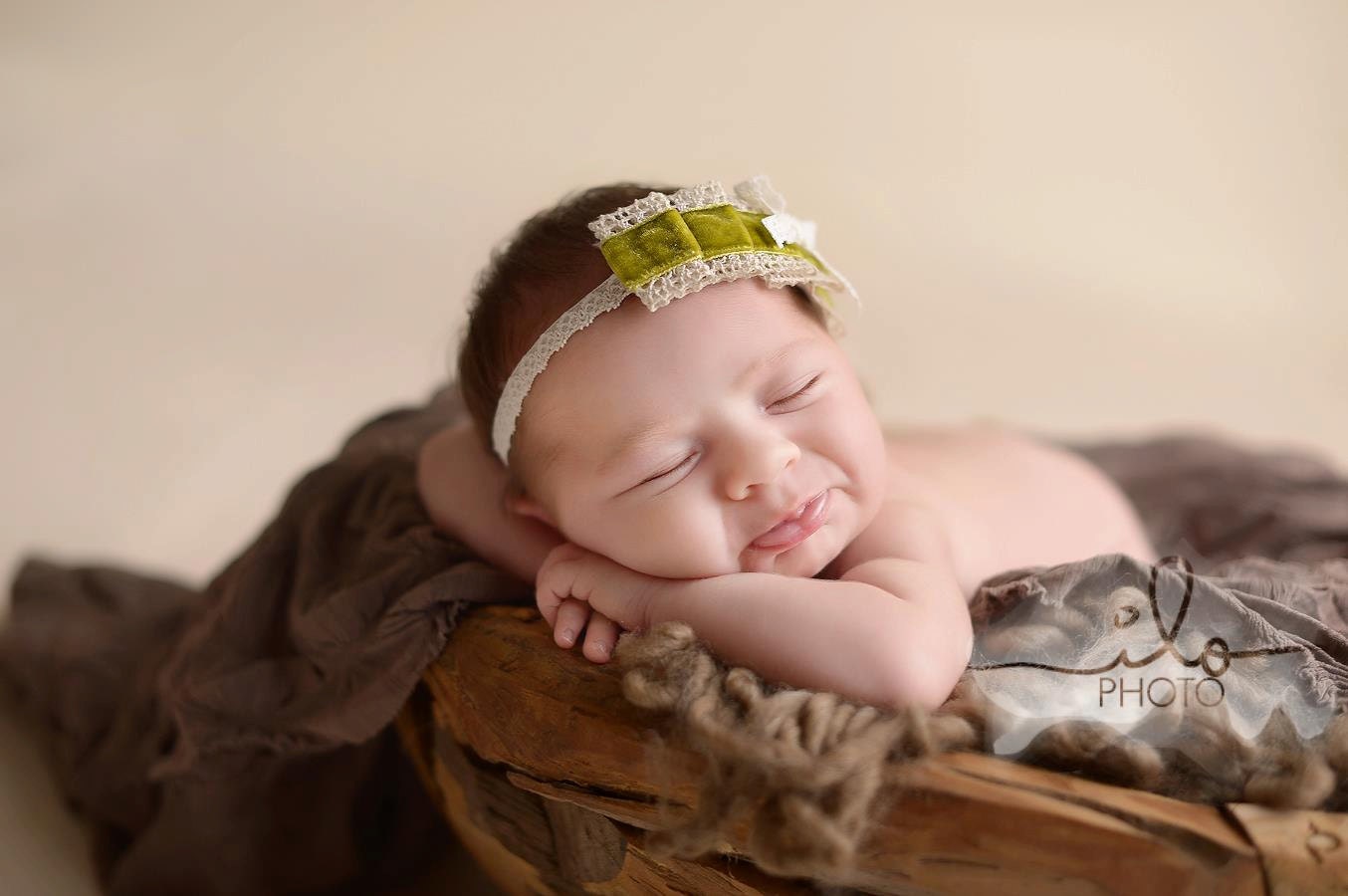Lillian - Ruffled Olive Green Velvet and Lace Headband - or PINK - Bow - Vintage Inspired - Baby Infant Newborn Girls Adults - Photo Prop