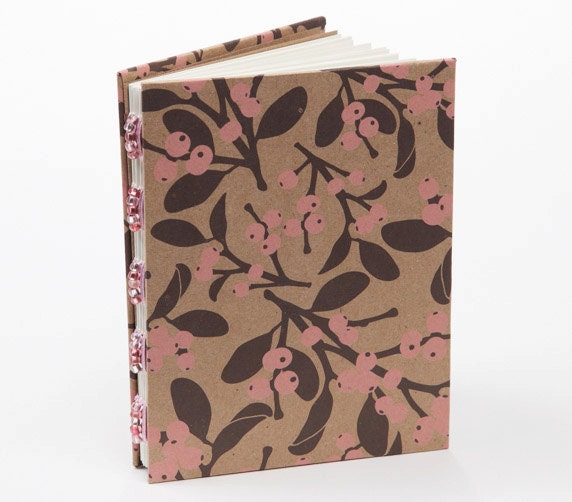 Small handmade journal with recycled paper, brown, pink, notebook
