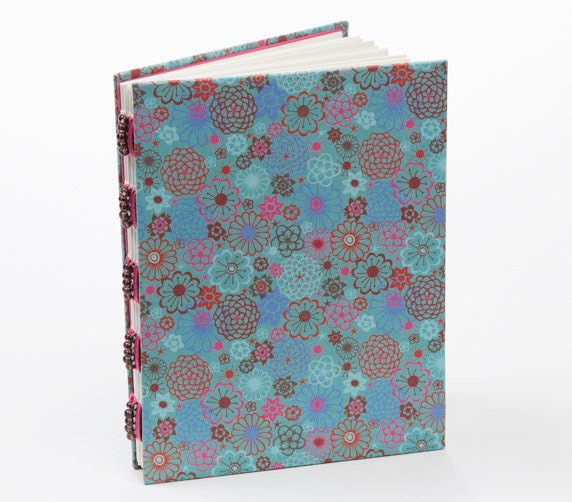 Hot pink and blue flowers journal, small blank book, beaded spine, gift under 15 - BookgirlsStudio