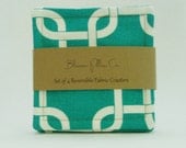 Fabric Coasters Set of 4 Reversible Teal and White Geometric and Damask
