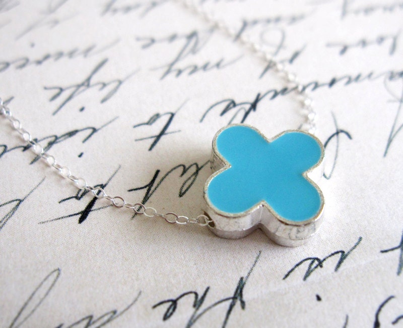 Turquoise Clover Necklace / Sterling Silver Four Leaf Clover Necklace / QuatreFoil Necklace / Good Luck