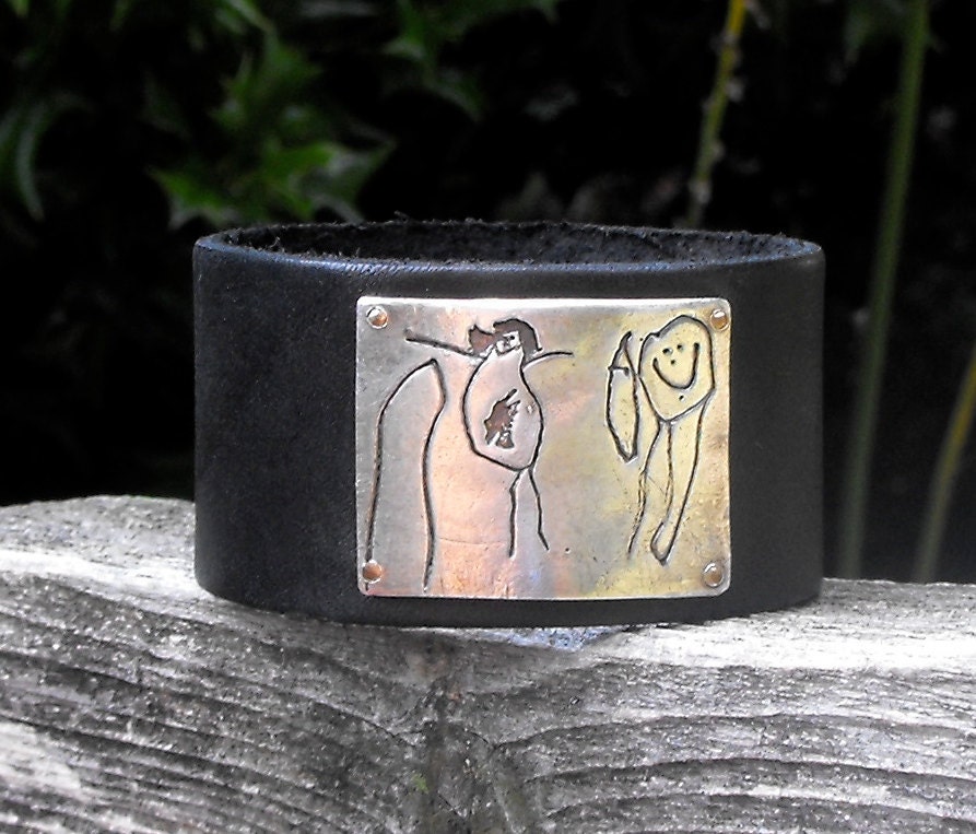 YOUR CHILD'S ARTWORK - fine silver on black leather cuff