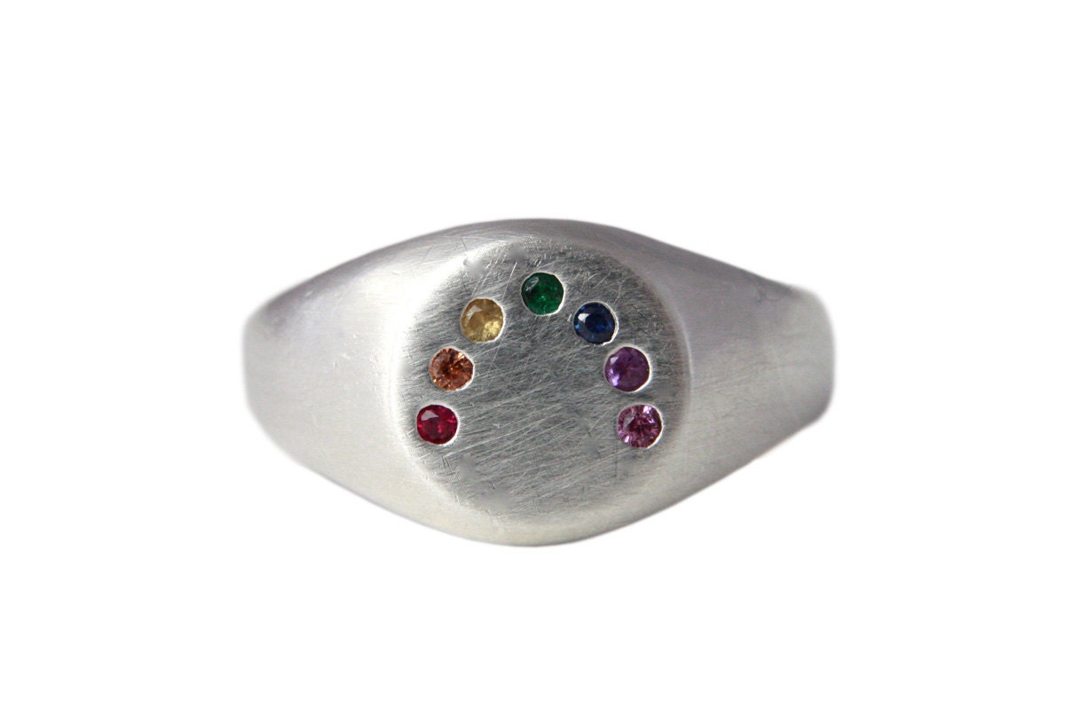 Rainbow Ring. Solid silver. Signet style. Set with a precious gem rainbow.