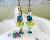Crystal Earrings, Rhinestone Earrings, Czech Glass Earrings, Dangle, Blue, Yellow, Crystal