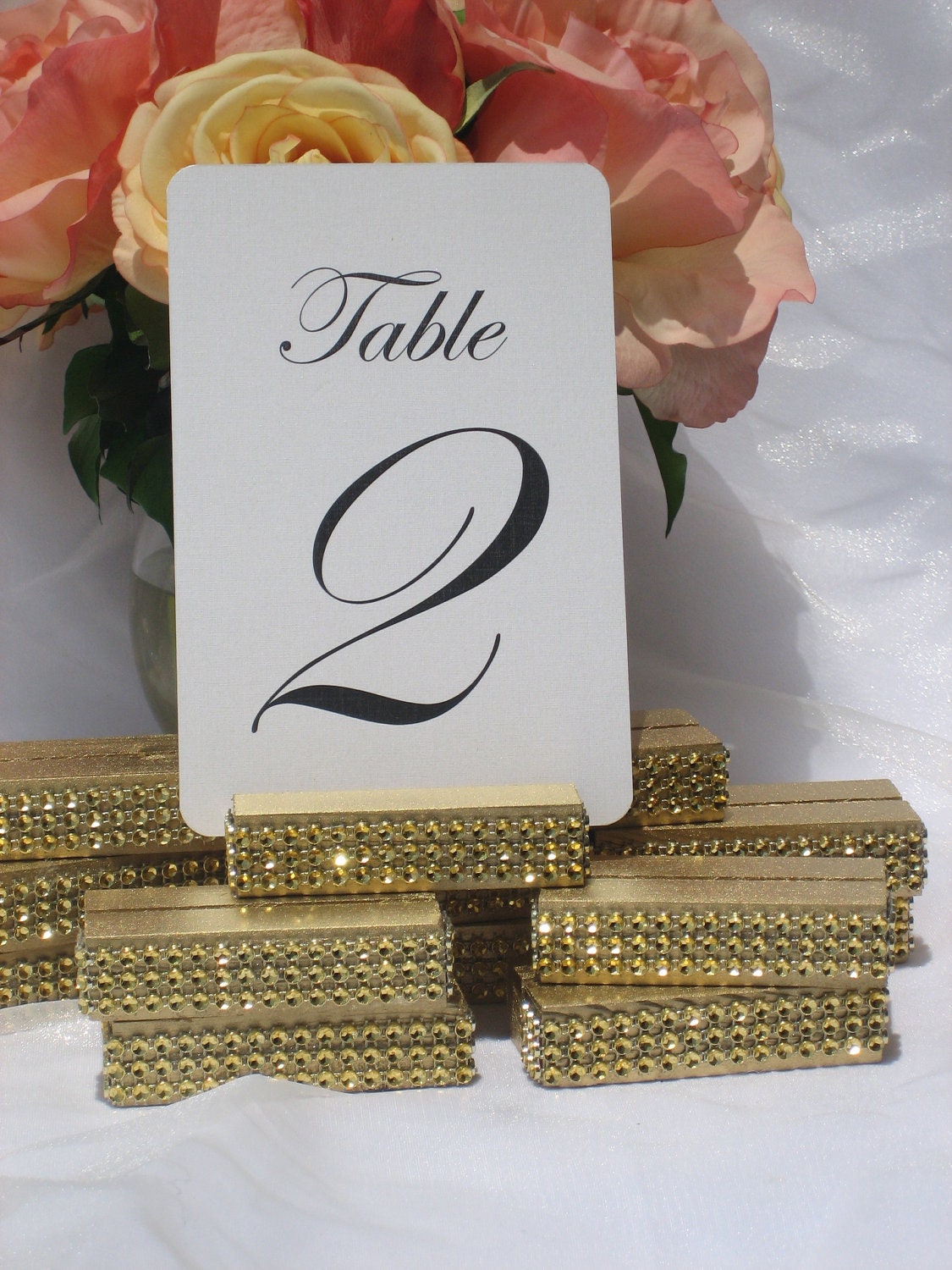 Gold Wood Table Number Holders trimmed with a crystal wrap- Set of 20