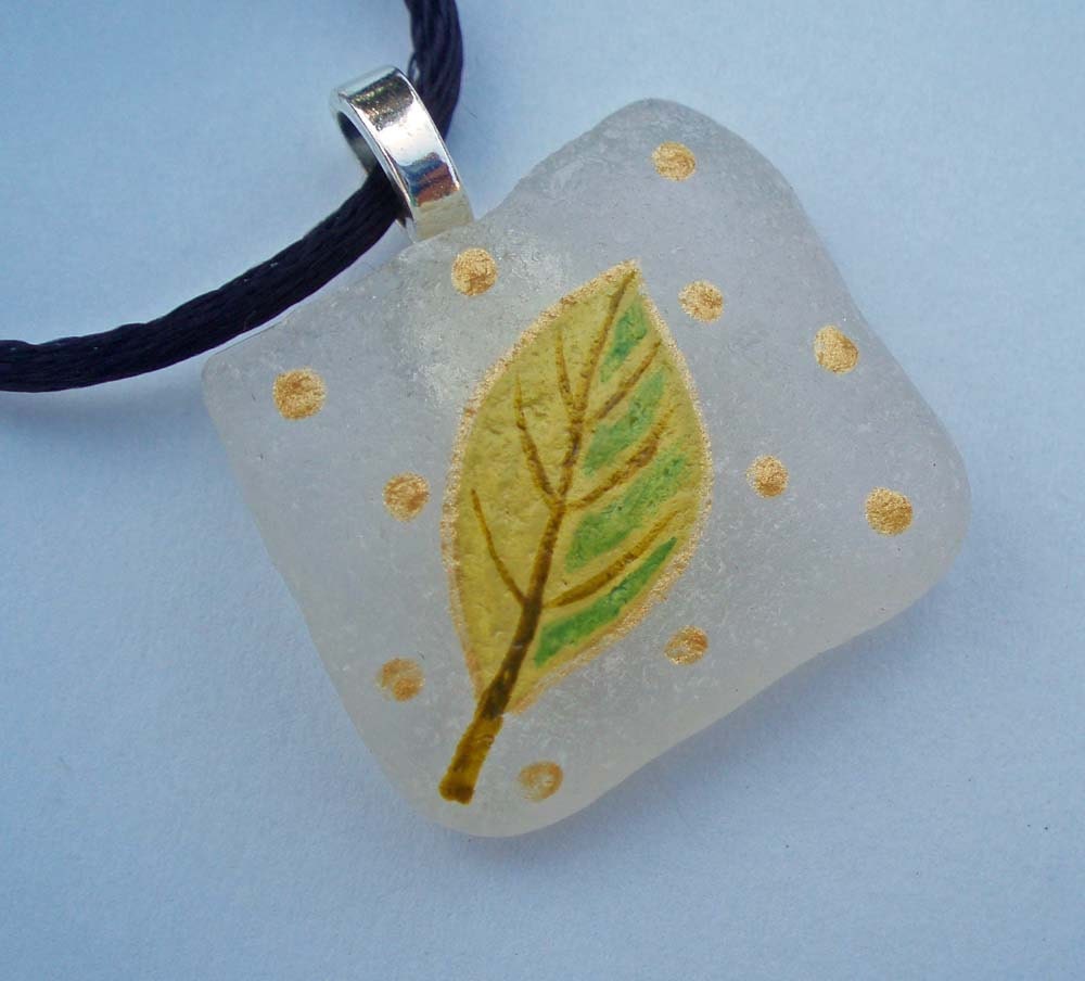 Handpainted Leaf on Beach Glass Pendant