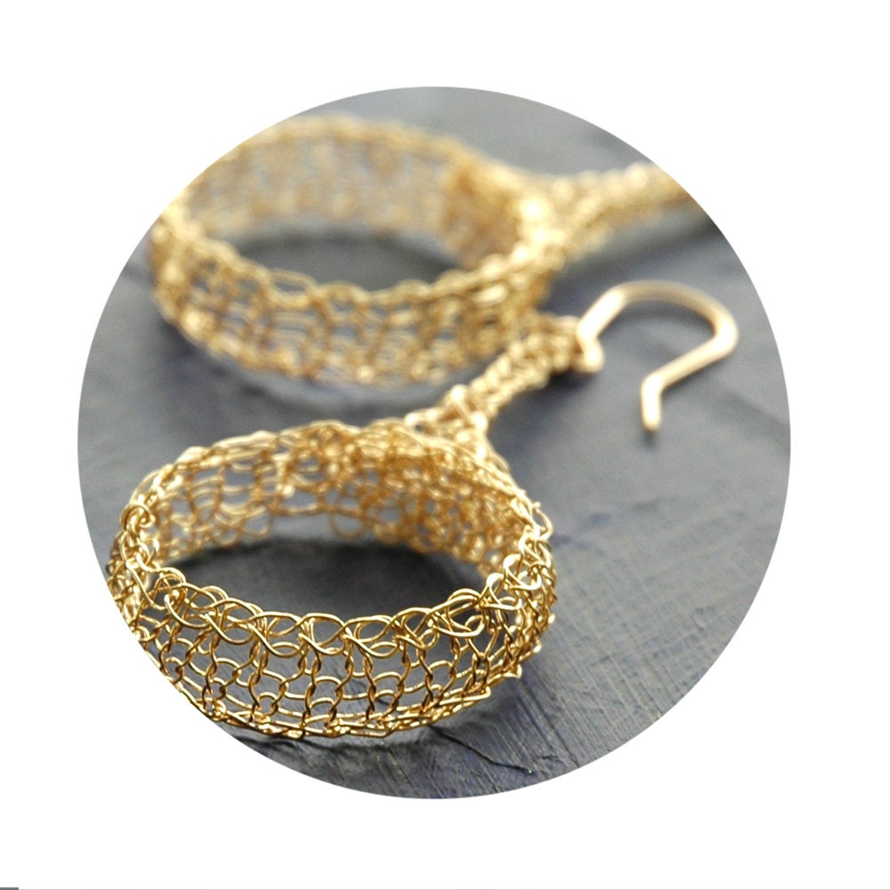 Tribal design earrings Wire crocheted large dangle hoop earrings Gold unique handmade jewelry