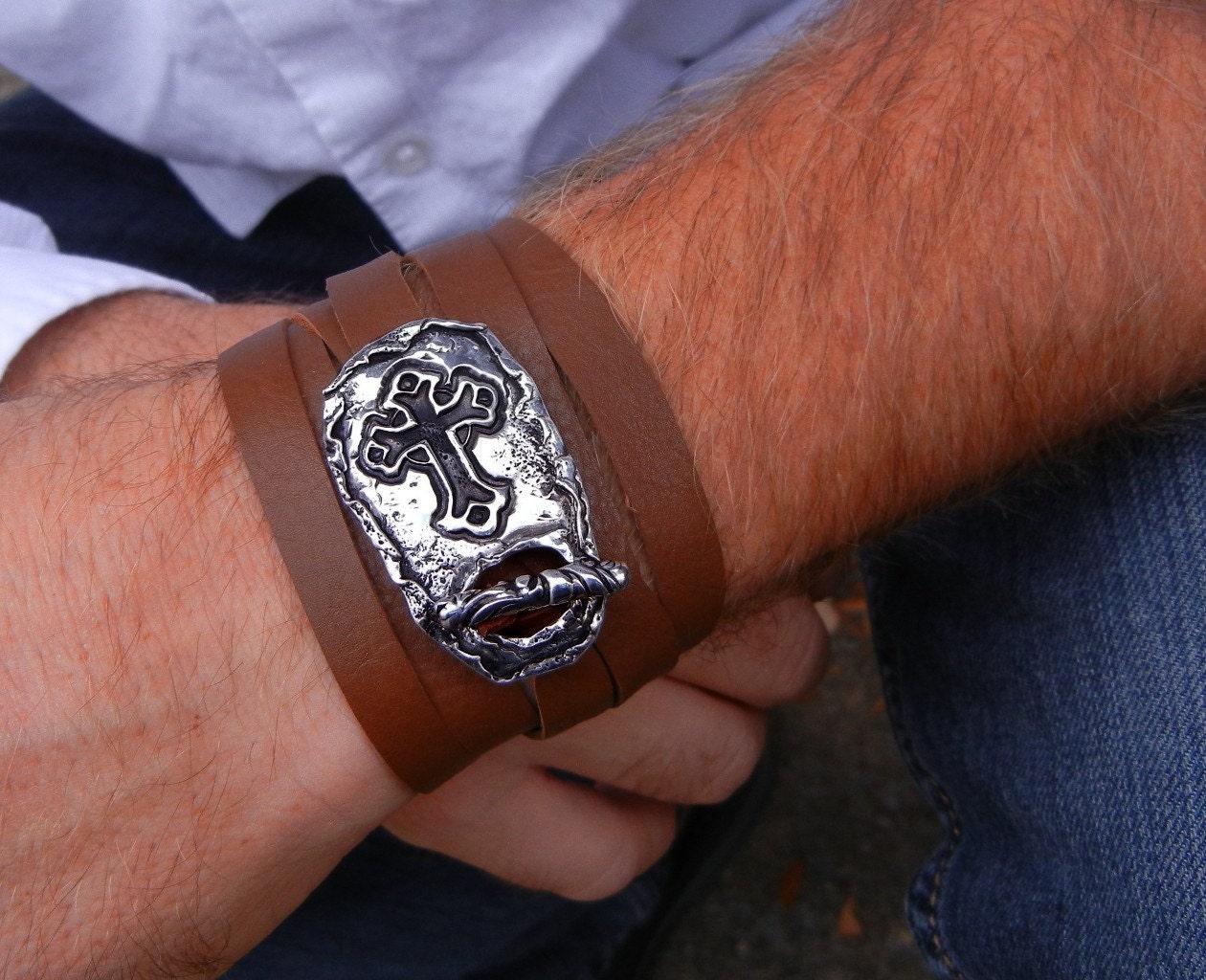 Cross Jewelry, Mens Bracelet, Mens Jewelry, Silver Cross Leather Bracelet, Belt Buckle Wrap Bracelet for Men, Rustic Christmas Gift for Him
