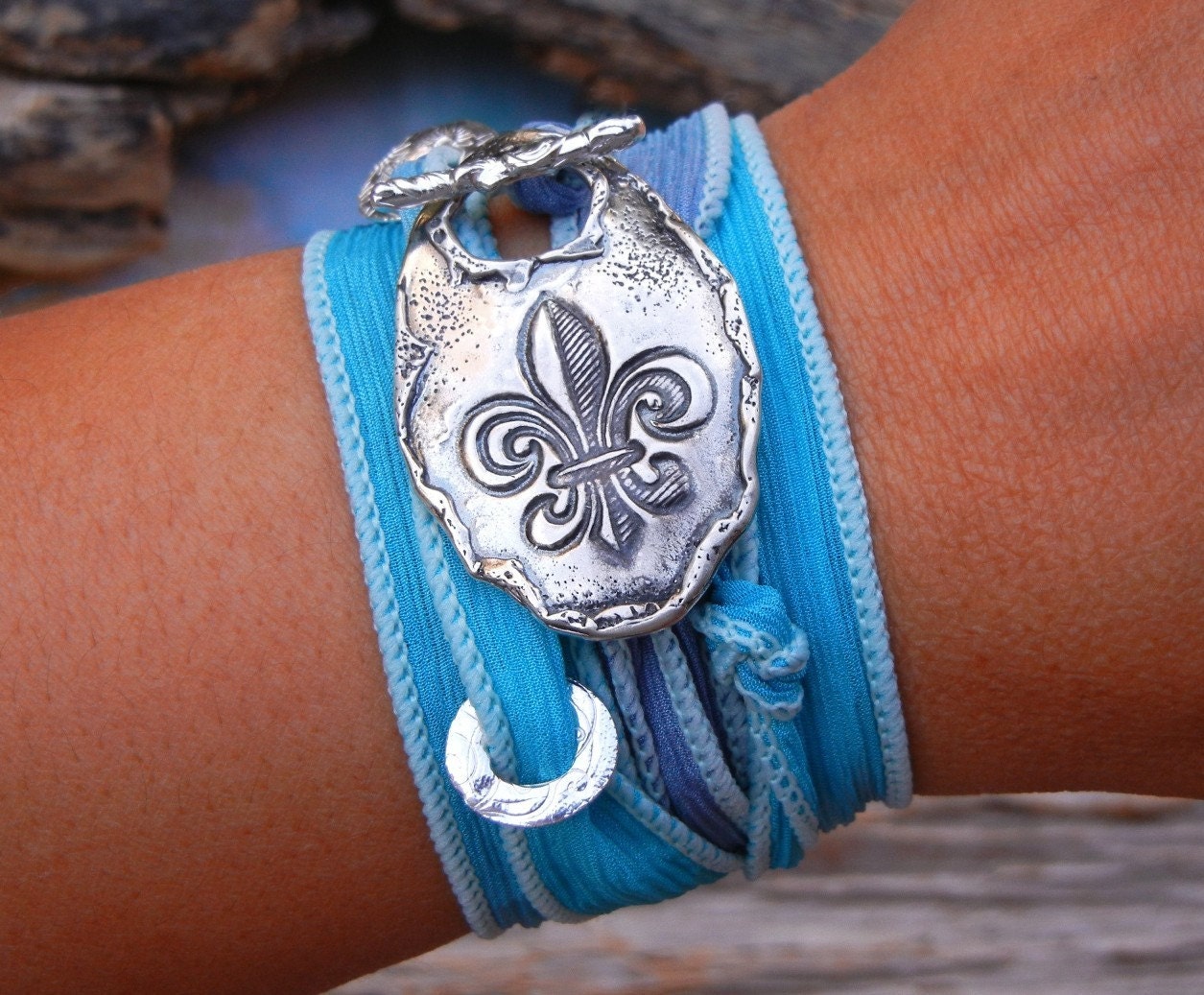 Rustic Jewelry Gift, STERLING Silver Bracelet, Fleur de Lis Art, Silk Ribbon Adjustable Wrap Bracelet, Hand Stamped Sterling Silver Toggle