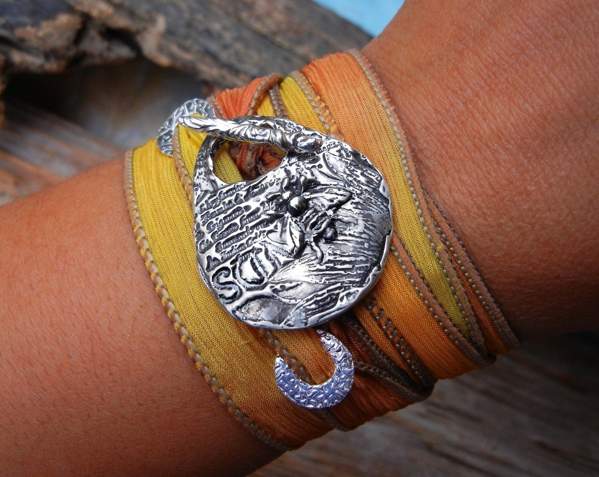 STERLING Silver Silk Ribbon Bracelet, Honey Bee Jewelry, Yoga Wrist Wrap Bracelet, Sterling Silver Toggle Clasp, Citrine, READY to SHIP