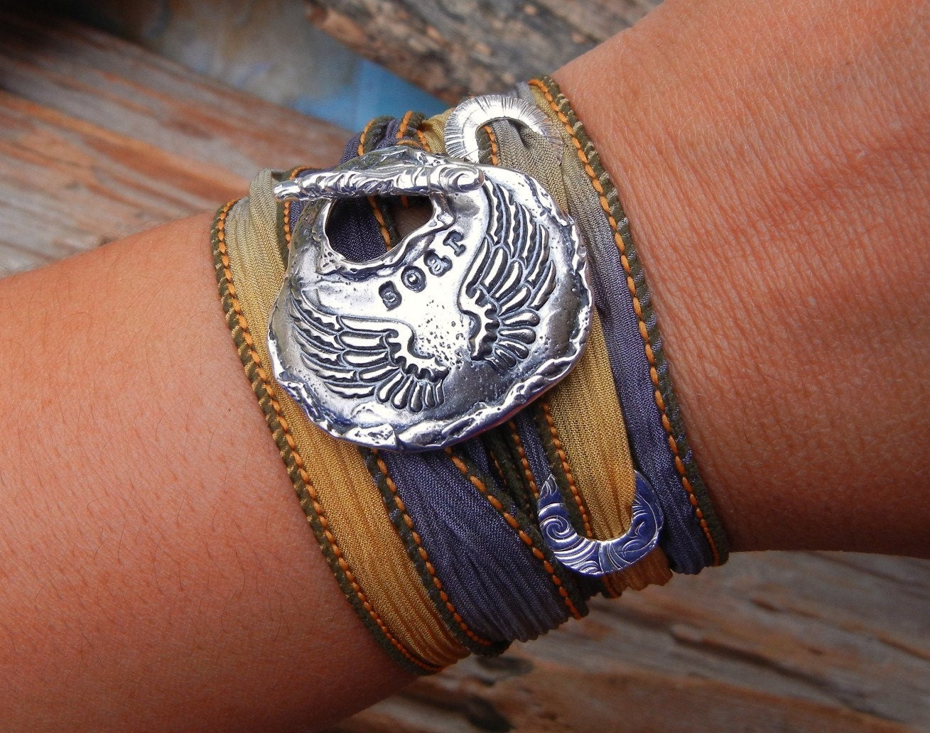 Womens Gift, Silk Ribbon Wrap Bracelet, Pretty STERLING Silver Gift for Her, Angel Wings, Wrap Bracelet, Cool Gift for Women, 18 Colors