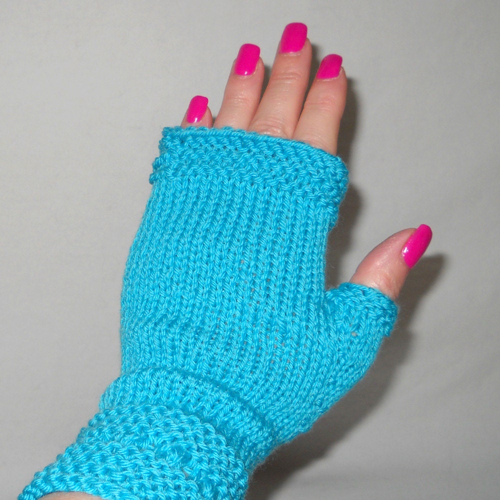 Pretty Turquoise Hand Knit Fingerless Gloves - Adult - Washable