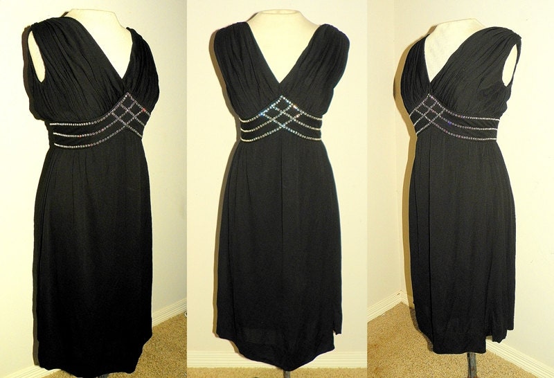 1950's Black Silk JERSEY Draped Wiggle Dress Vintage 50's Bombshell Ruched Sparkle Jeweled Couture Rhinestone Grecian Goddess Party Dress
