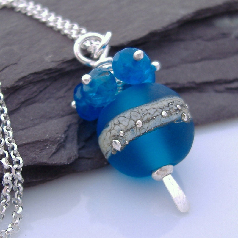 Peacock Blue Lampwork Glass, Pacific Apatite Gemstone and Sterling Silver Pendant Necklace