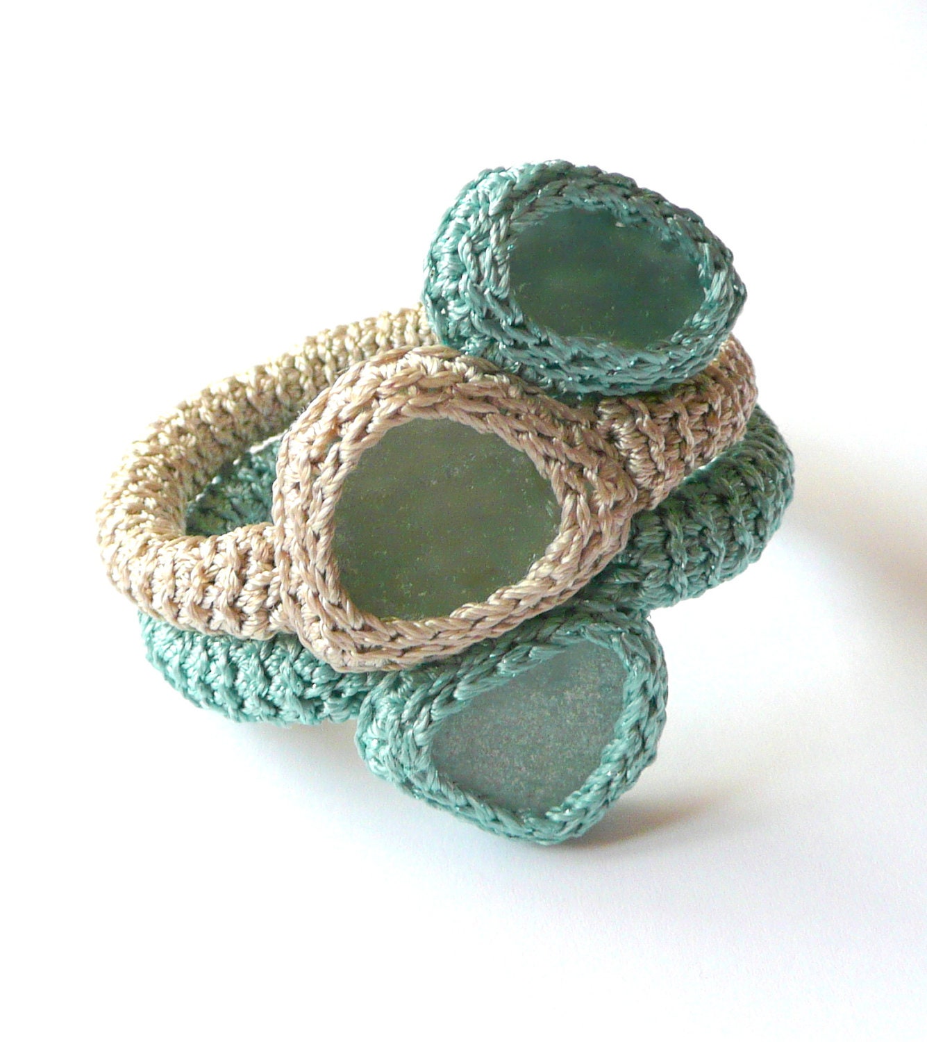 Crochet bracelet 3 sea glass seaglass jewelry Aquamarine blue beige bangle Weddings bridesmaid English UK OOAK handmade Birthday gift her