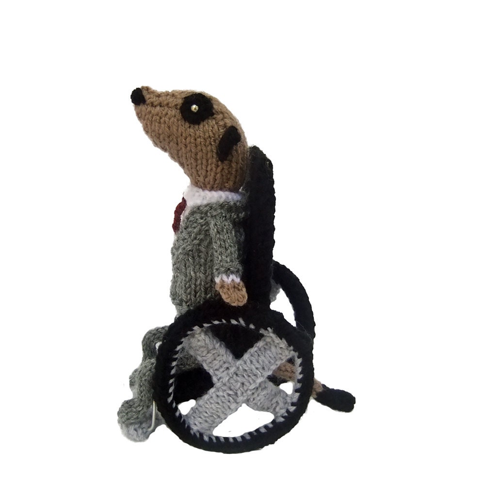 Professor X Meerkat, XMen, Superhero meerkat, knitted plush wheelchair, geekchic, meercat