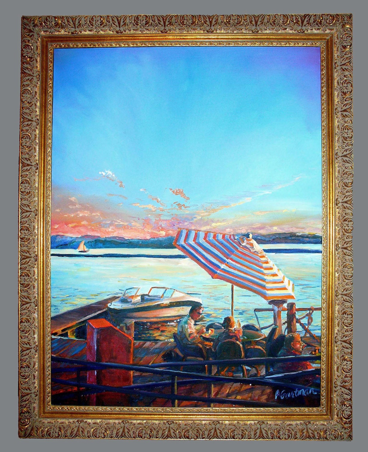 The Boat House Sunset  framed original oil painting