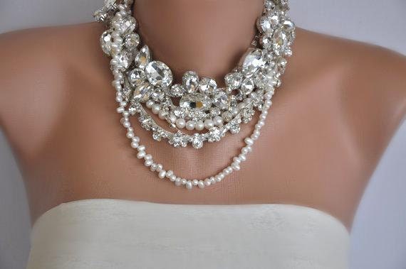 Handmade Bold ,chunky ,rhinestone ,brides necklace ,collar ,bib
