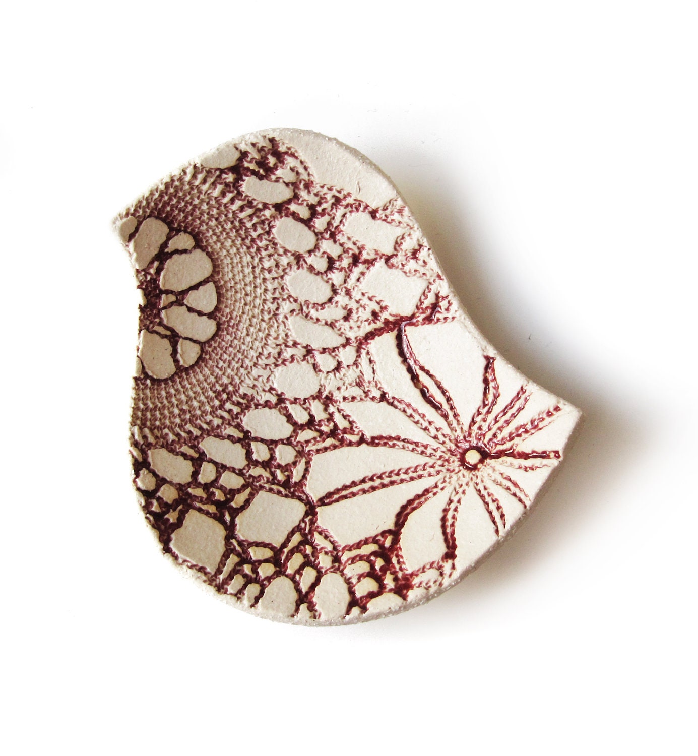 Ceramic Bowl Lace Texture Bird Raspberry Cream Pottery Bowl Red glaze Details Home Decor Ring or Candle Holder Engagement Wedding Gift Ideas