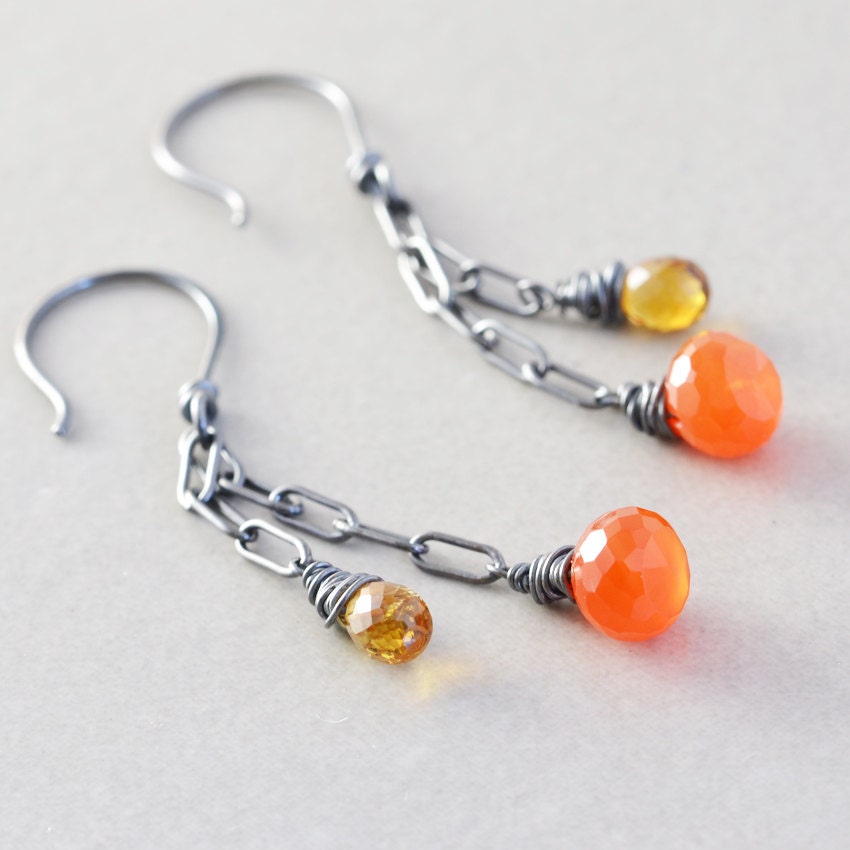 Orange Yellow Dangle Earrings, Carnelian Citrine Drop Earrings, Neon Chain Earrings
