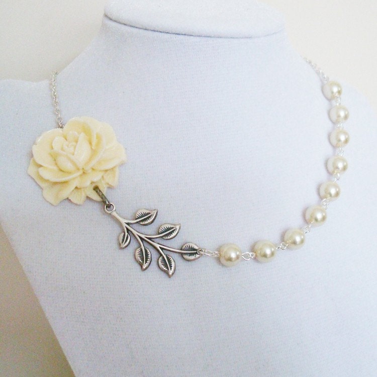 Flower Garden - Statement Necklace with Side  Rose Pendant - Wedding, Bridesmaid, Bridal Party, Ivory Flower Pearls Silver Leaf