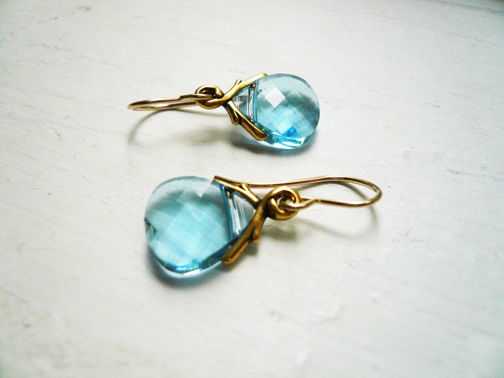 Aquamarine Earrings -  Swarovski Light Blue Crystal Briolette and Gold Vine Earrings, Small Simple Dainty Jewelry