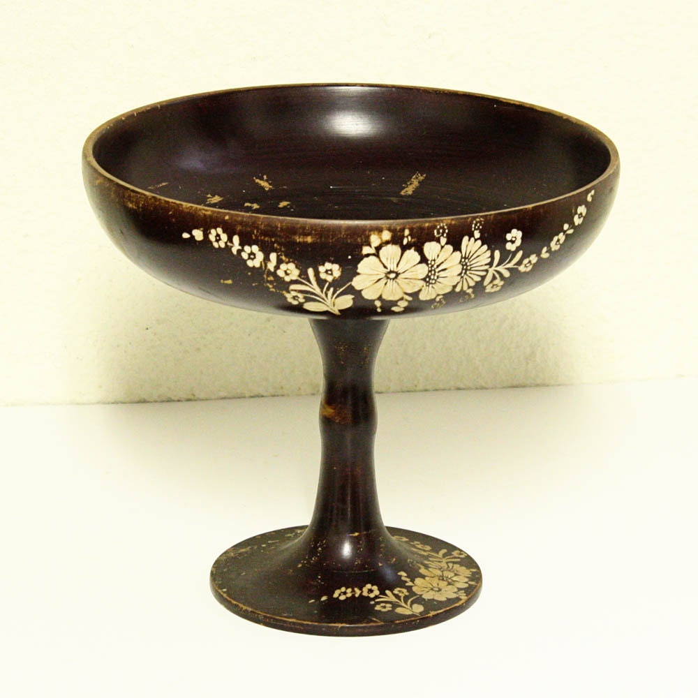 vintage wood compote centerpiece - chalice dish - carved